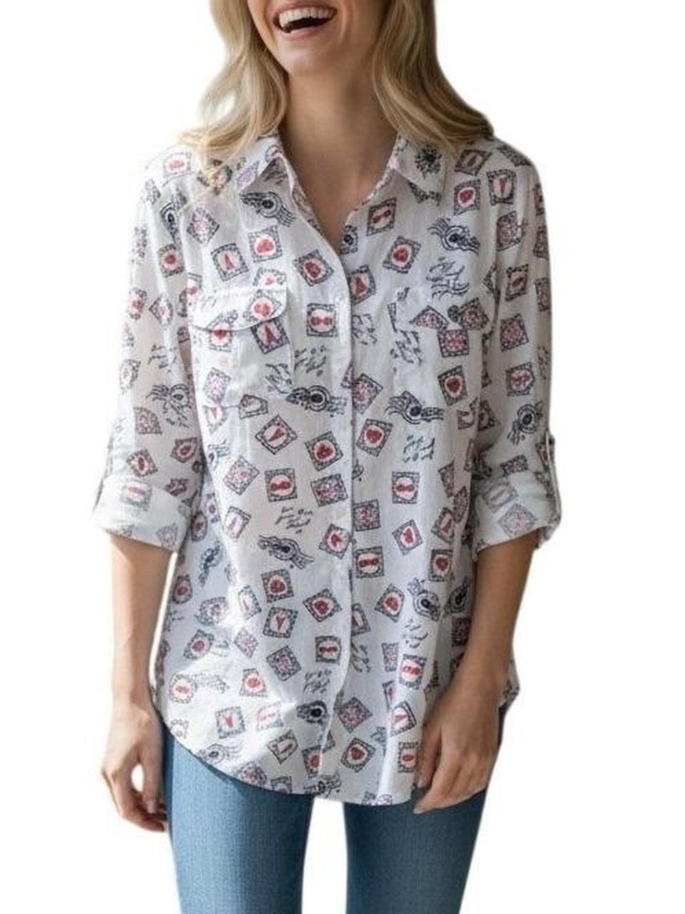 Karl Lagerfeld White Button-Down Shirt with Red & Black stamp Motif
